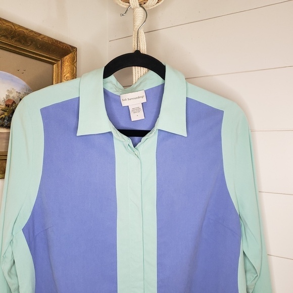 Soft Surroundings Mint Blue Colorblock Silk Tunic Button Up Blouse Top Medium - Picture 3 of 4